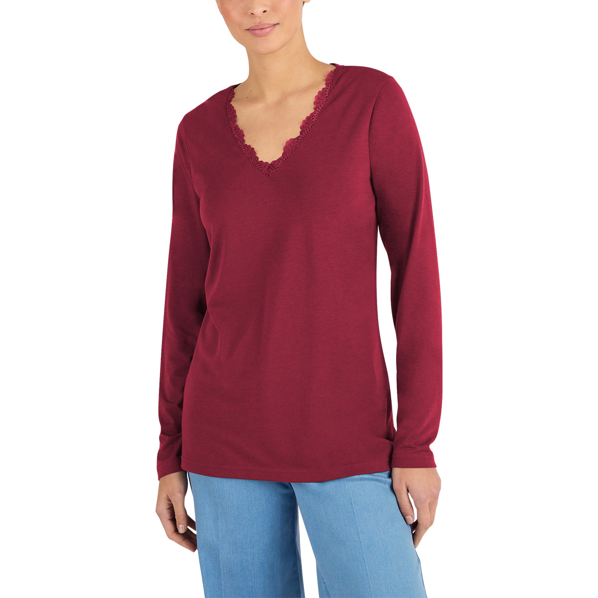 Women’s Thermal Long Sleeve Lace Trim V-Neck T-Shirt
