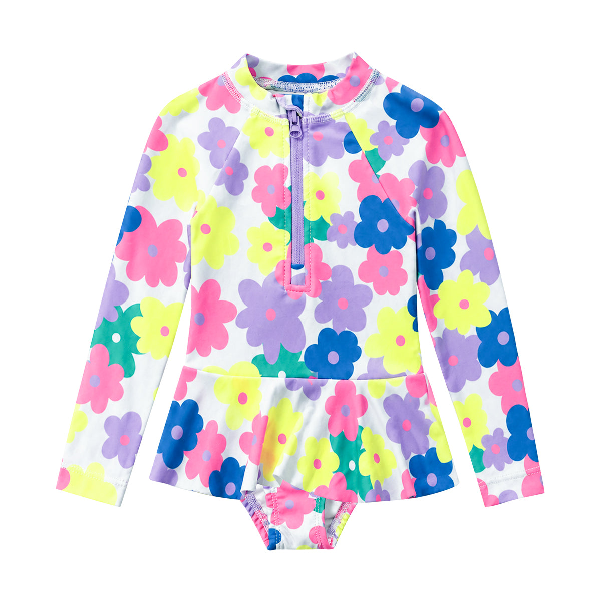 Girls Floral Print Long Sleeve Swim Onesie Bodysuit