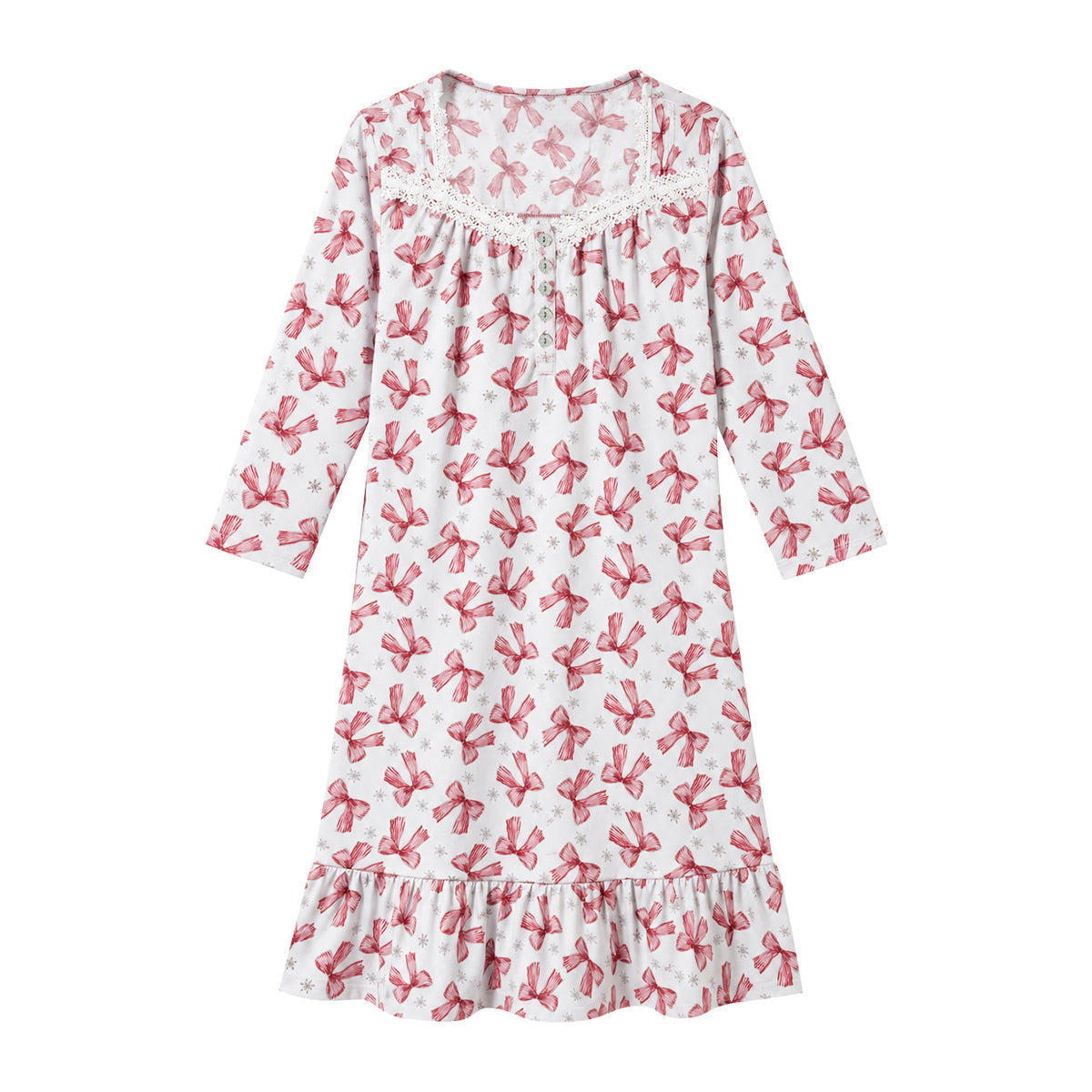 Women's Printed Lace-Neck Long-Sleeve Nightgown Dress with Ruffle Hem