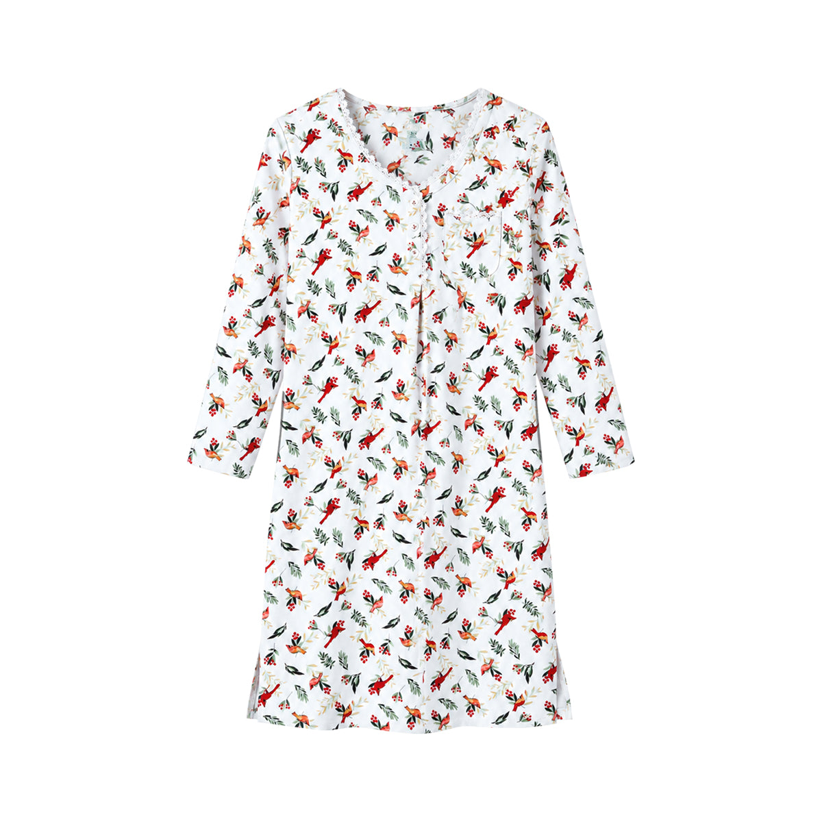 Women's Printed Long-Sleeve Lace-Trim Henley Nightgown Dress