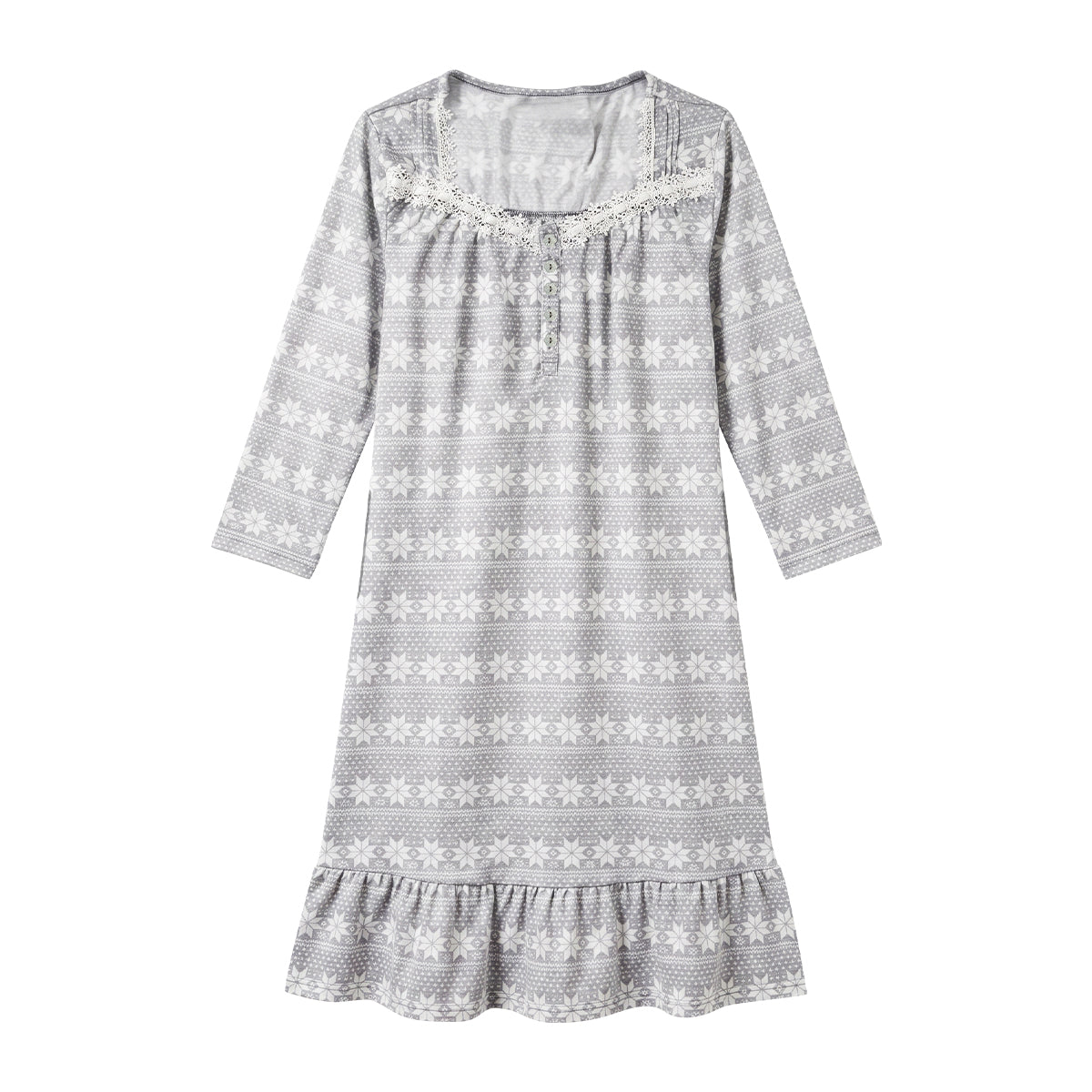 Women's Printed Lace-Neck Long-Sleeve Nightgown Dress with Ruffle Hem