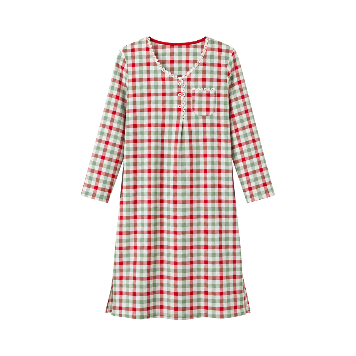 Women's Printed Long-Sleeve Lace-Trim Henley Nightgown Dress