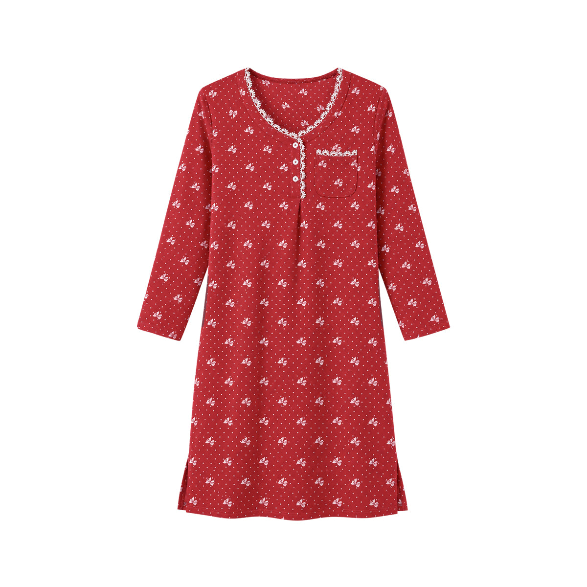 Women's Printed Long-Sleeve Lace-Trim Henley Nightgown Dress