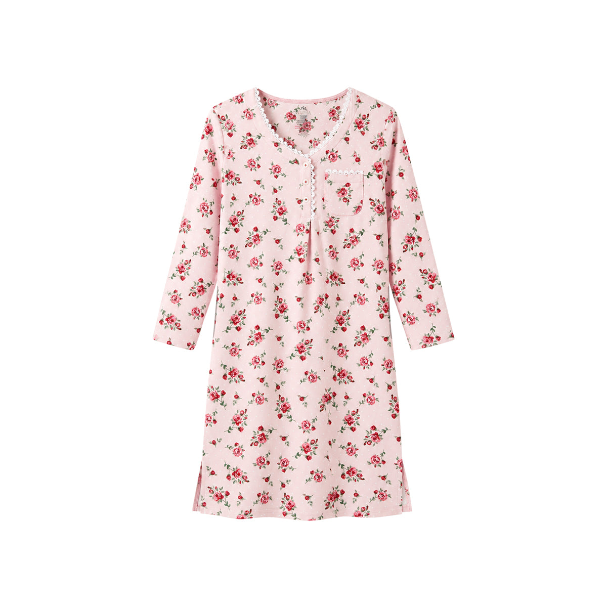 Women's Printed Long-Sleeve Lace-Trim Henley Nightgown Dress