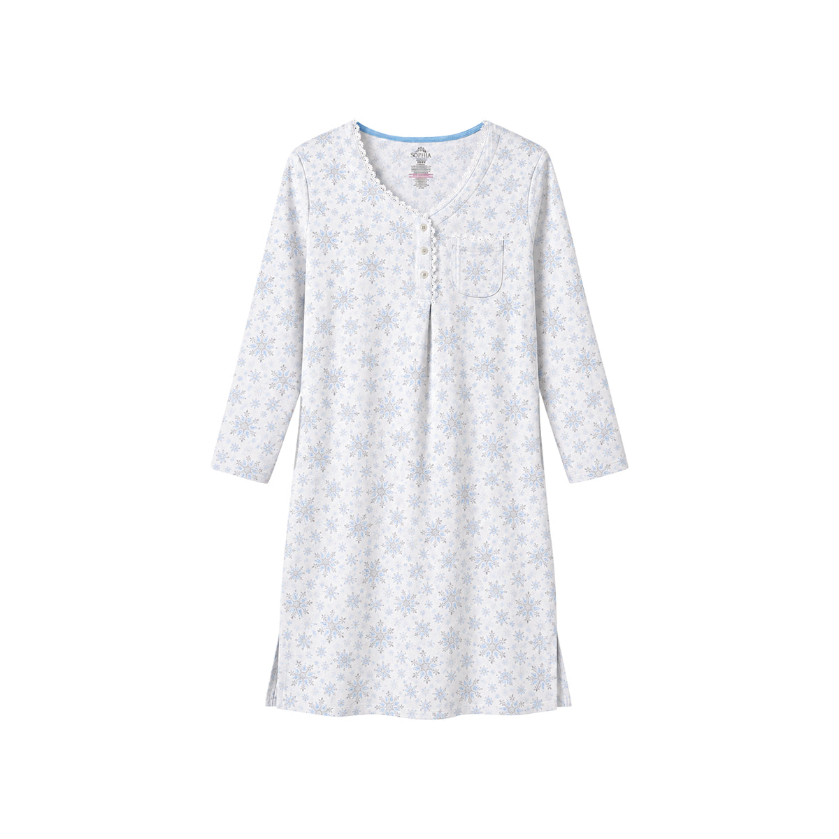 Women's Printed Long-Sleeve Lace-Trim Henley Nightgown Dress