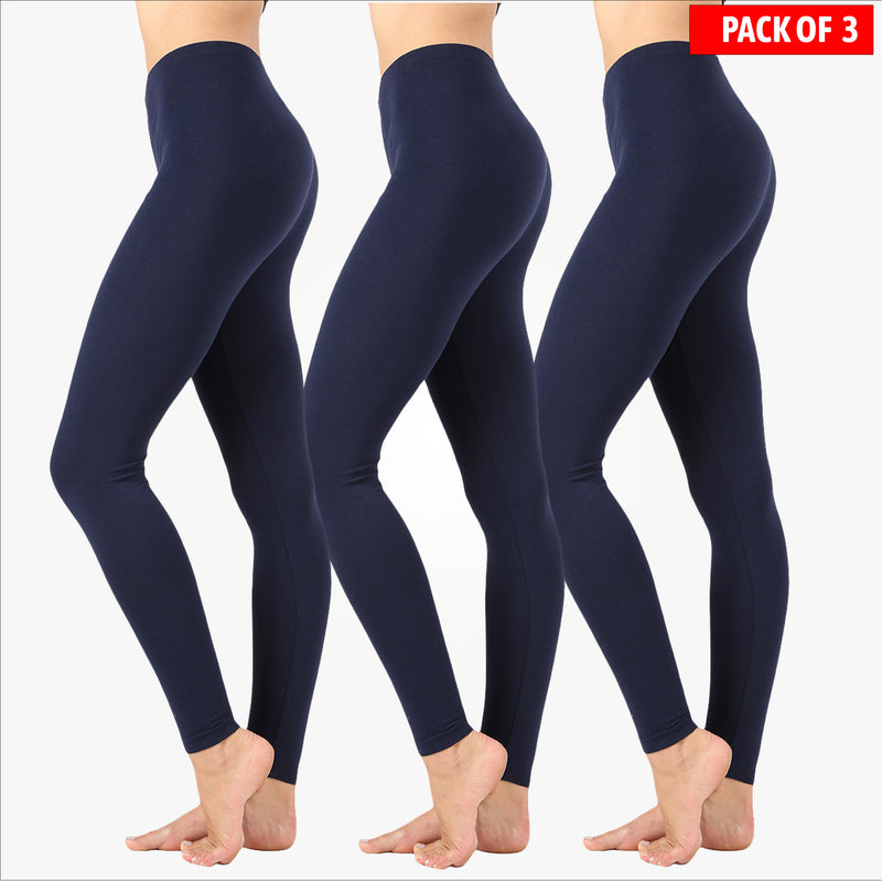 Pack of 3 Women Basic Solid Color Cotton Full Length Leggings