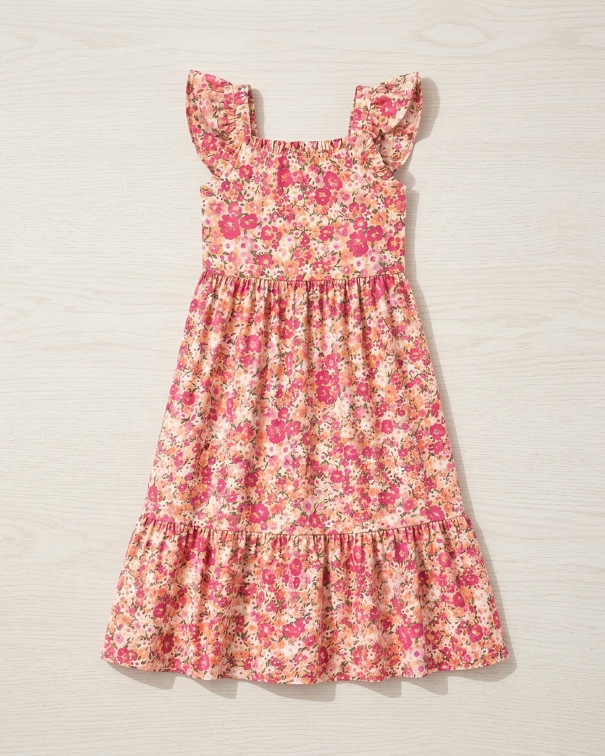 Girls Cotton Floral Print Ruffle Sleeve Tiered Summer Dress