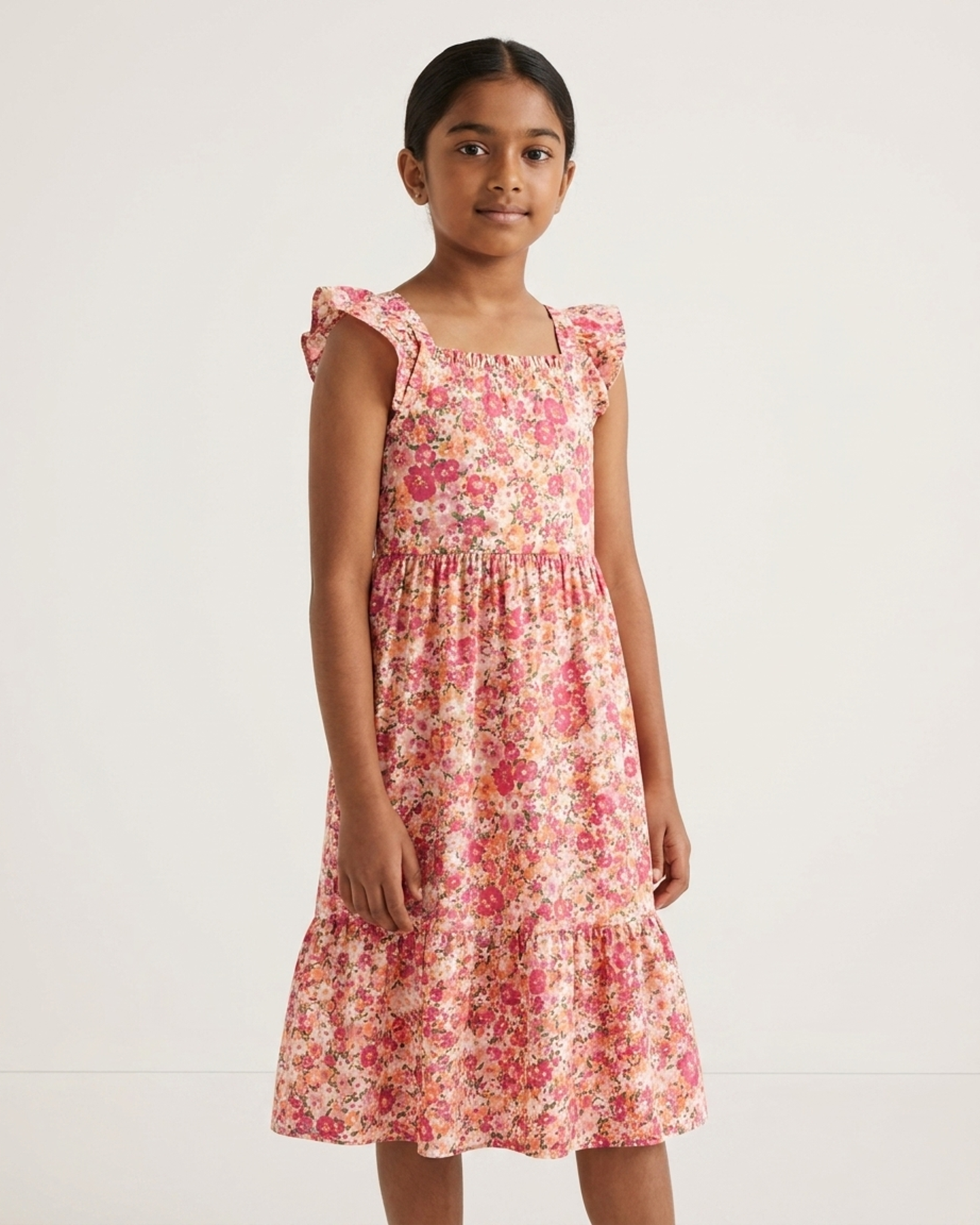 Girls Cotton Floral Print Ruffle Sleeve Tiered Summer Dress