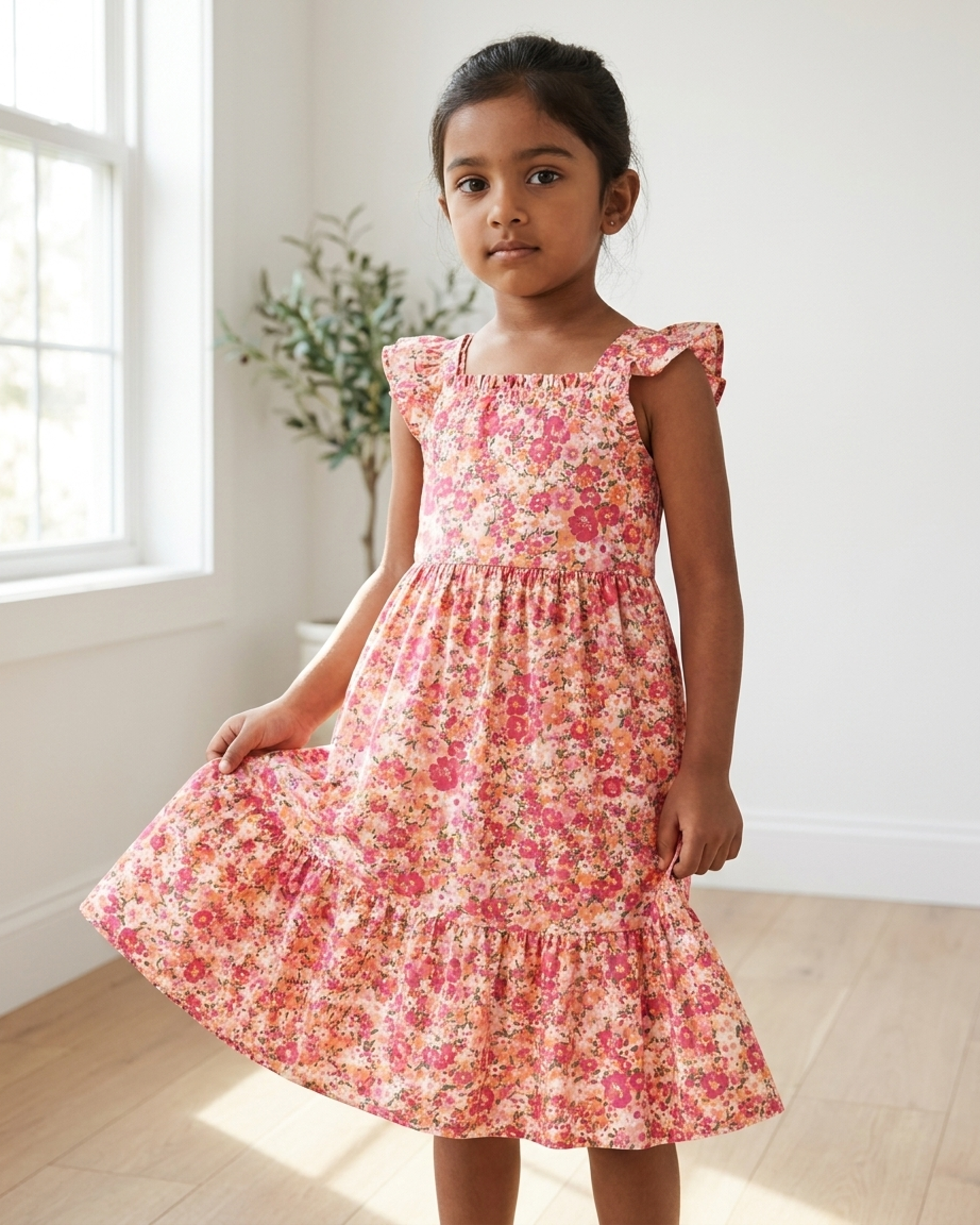 Girls Cotton Floral Print Ruffle Sleeve Tiered Summer Dress
