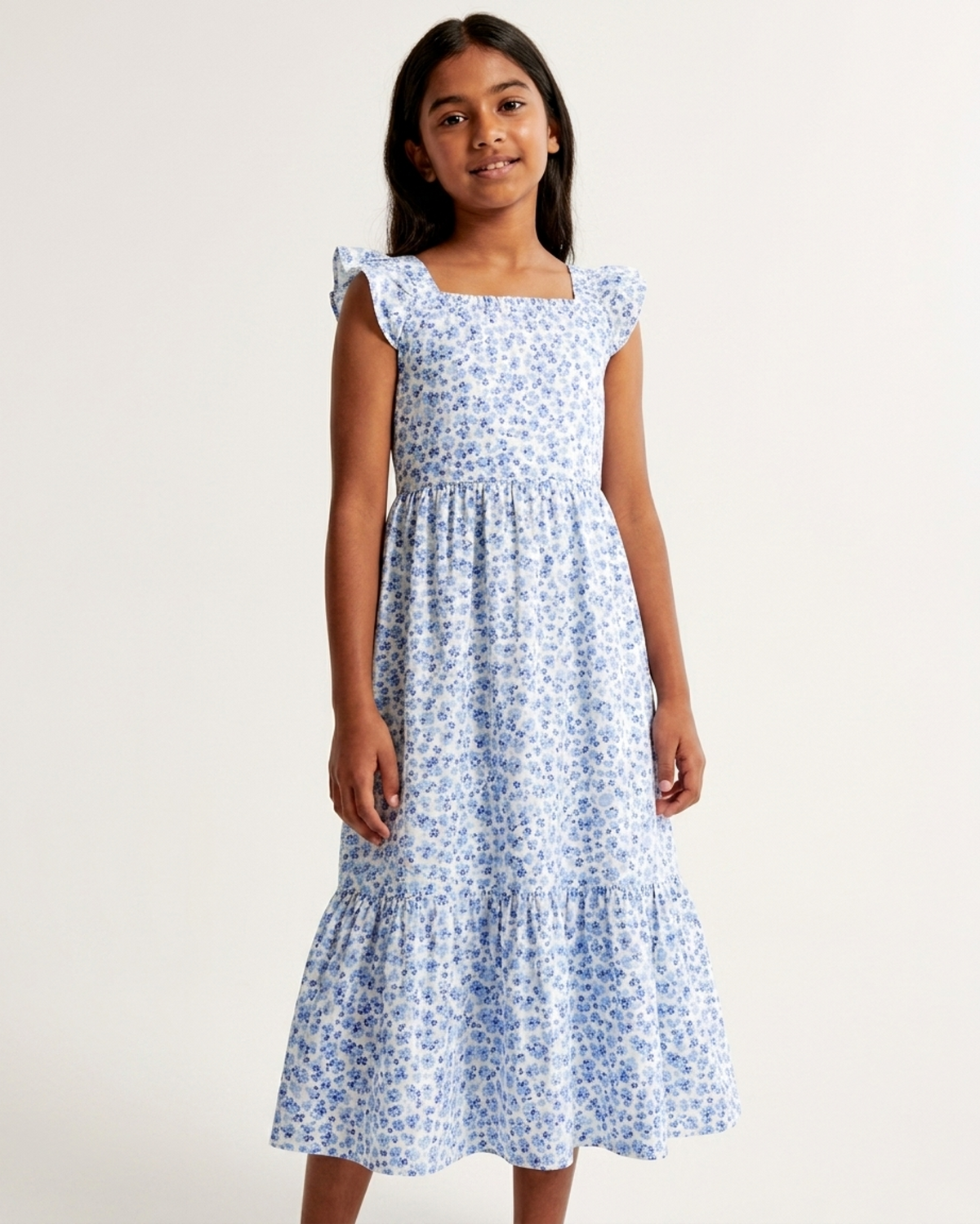 Girls Cotton Floral Print Ruffle Sleeve Tiered Summer Dress