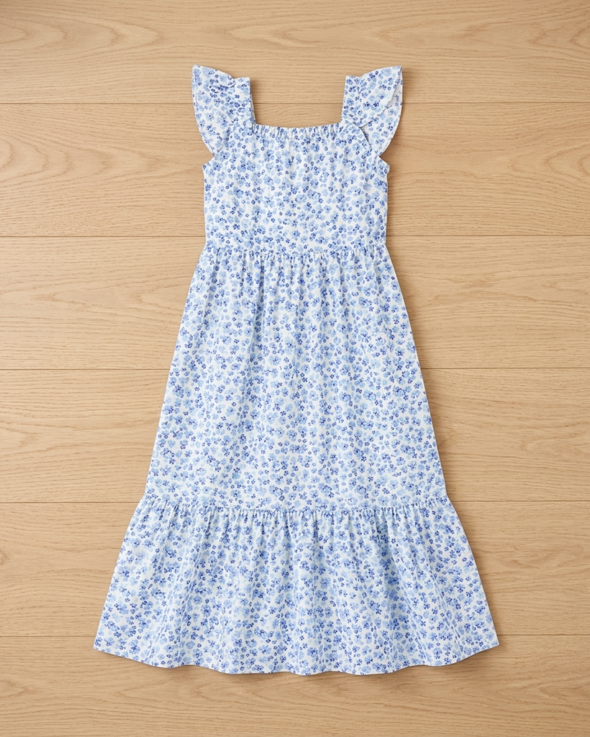 Girls Cotton Floral Print Ruffle Sleeve Tiered Summer Dress