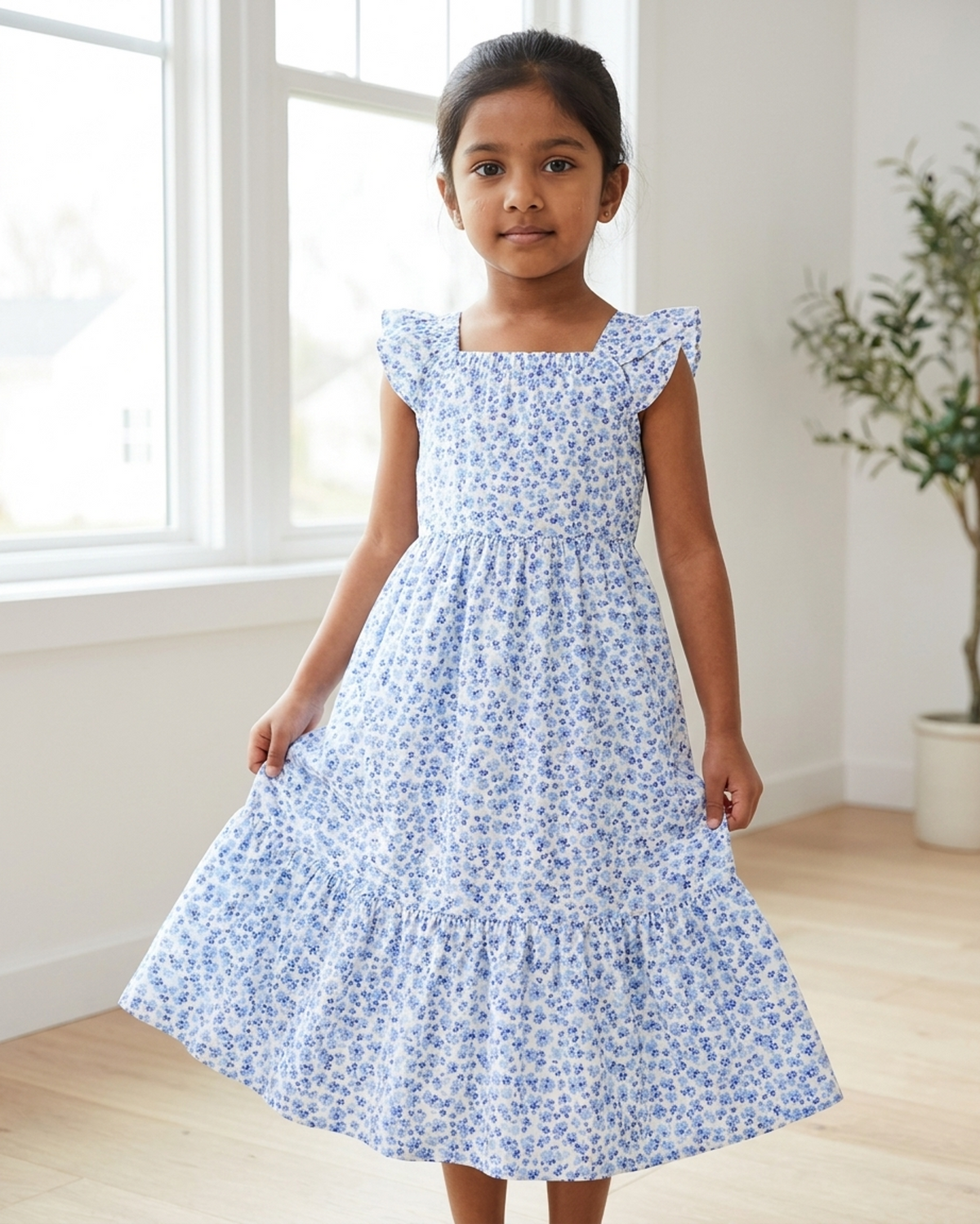 Girls Cotton Floral Print Ruffle Sleeve Tiered Summer Dress