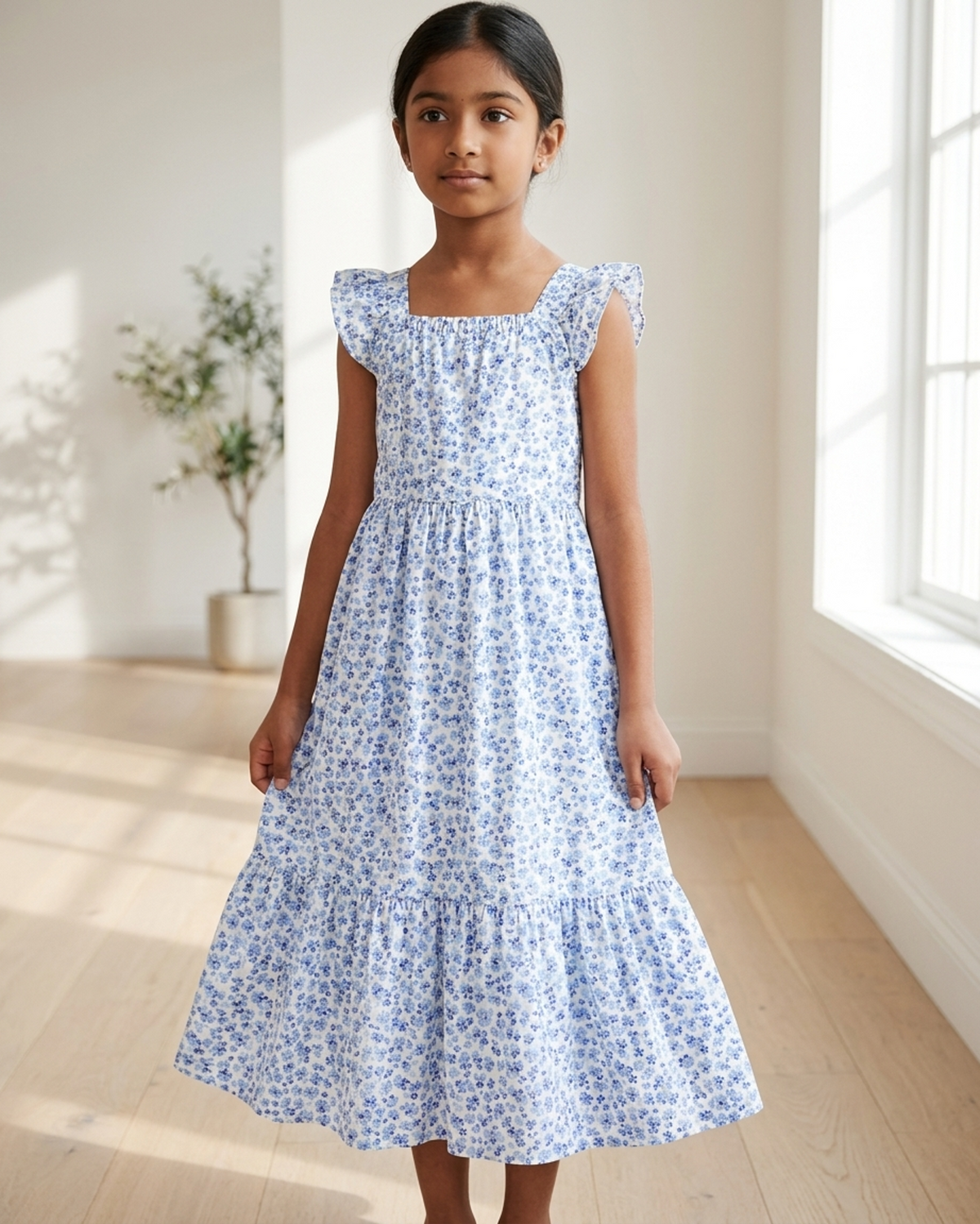 Girls Cotton Floral Print Ruffle Sleeve Tiered Summer Dress