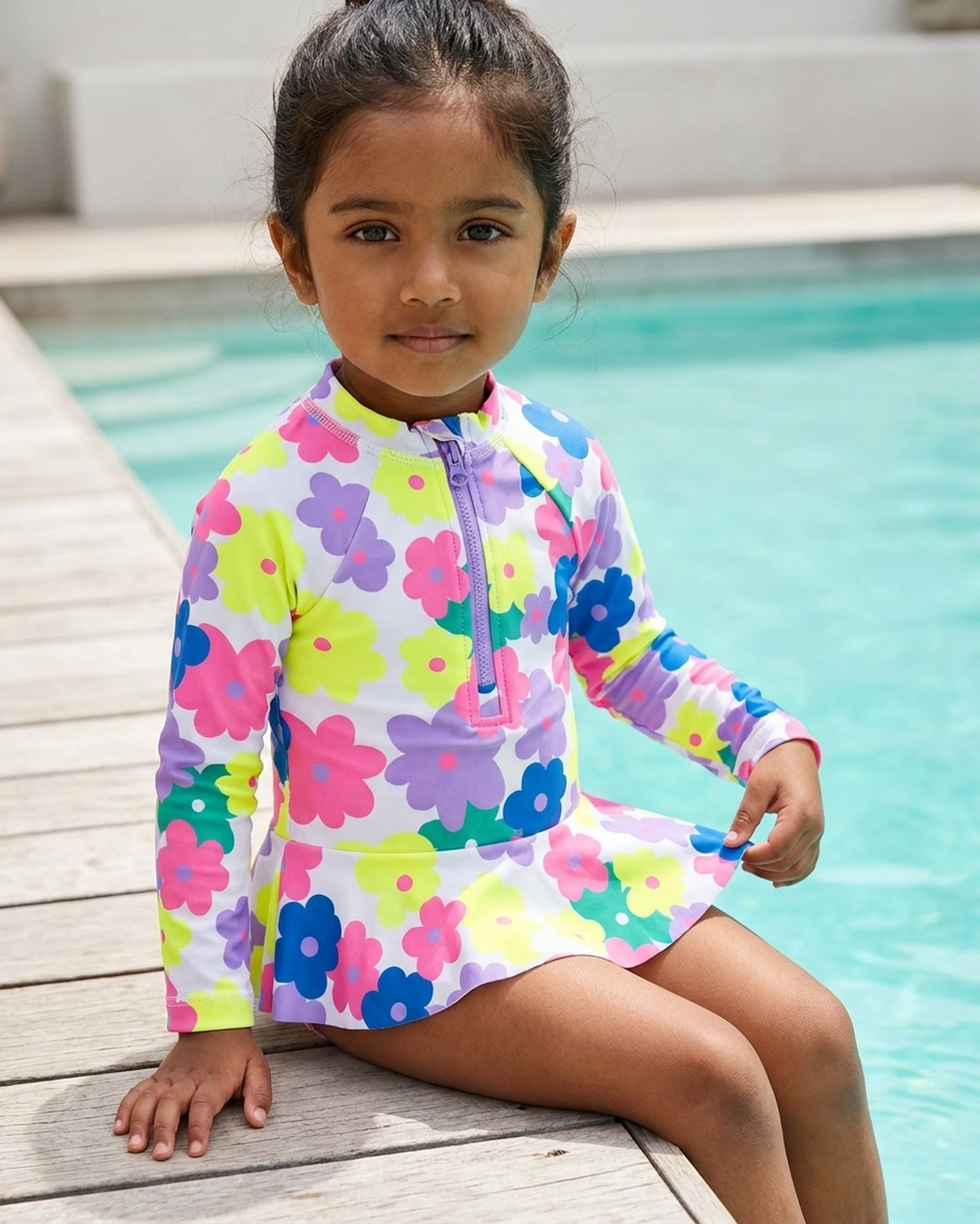 Girls Floral Print Long Sleeve Swim Onesie Bodysuit