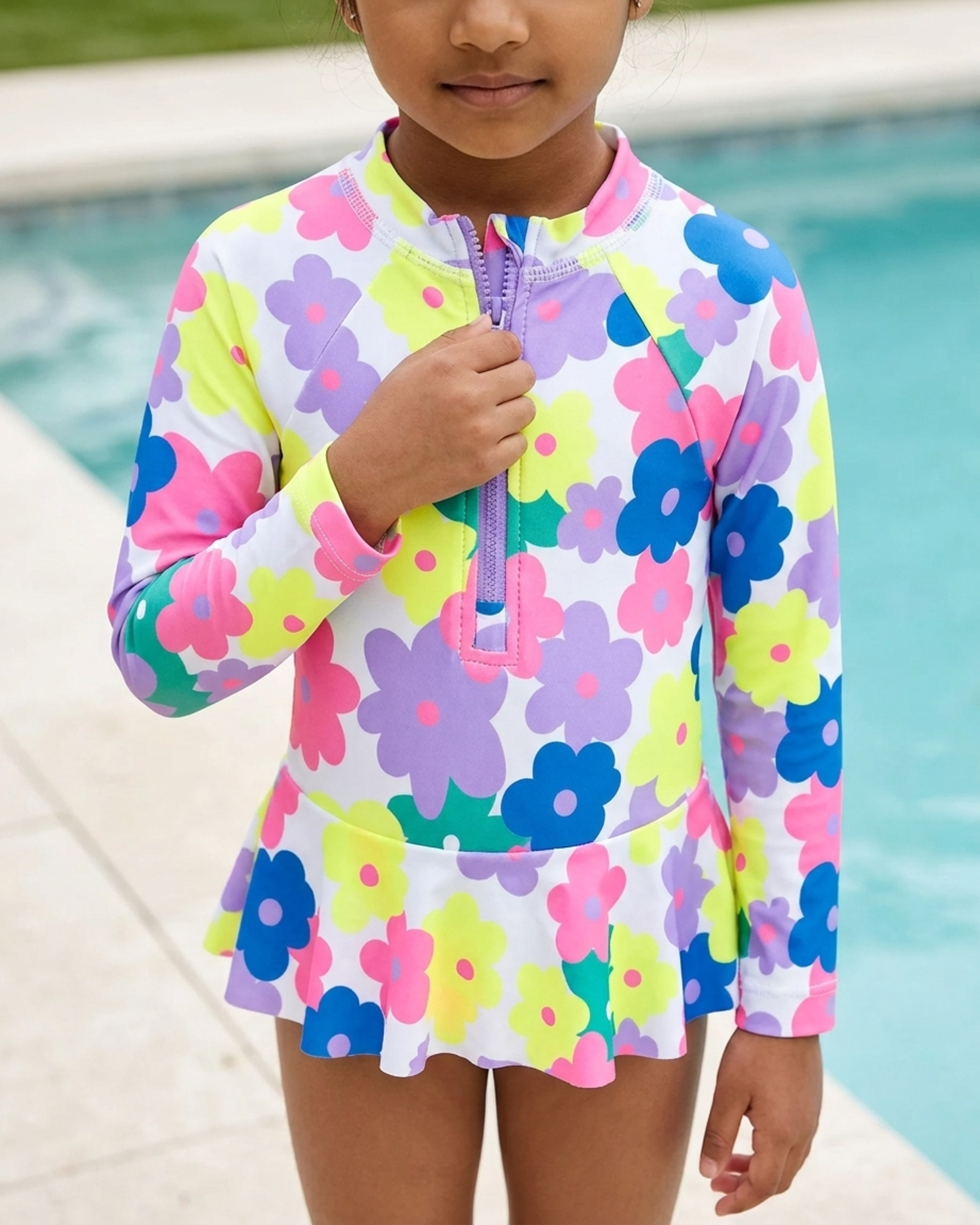 Girls Floral Print Long Sleeve Swim Onesie Bodysuit