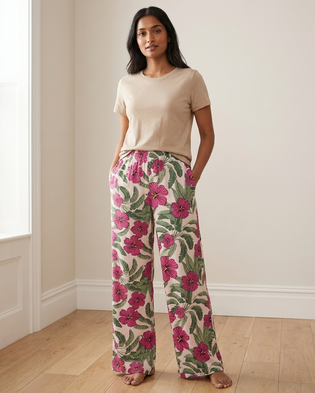 Womens Wide Leg Elastic Waist Palazzo Pants with Side Pocket
