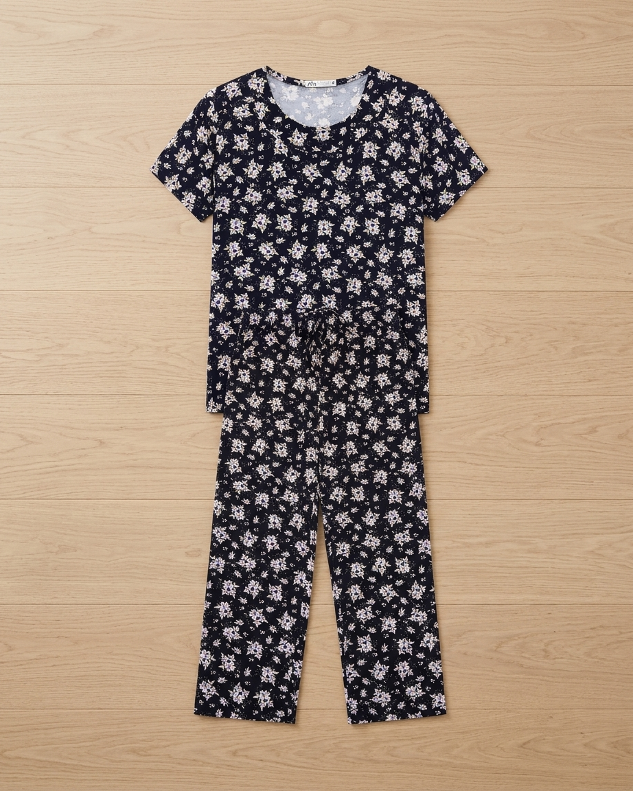Womens Floral Print Short Sleeve Top 3/4 Pajama Set