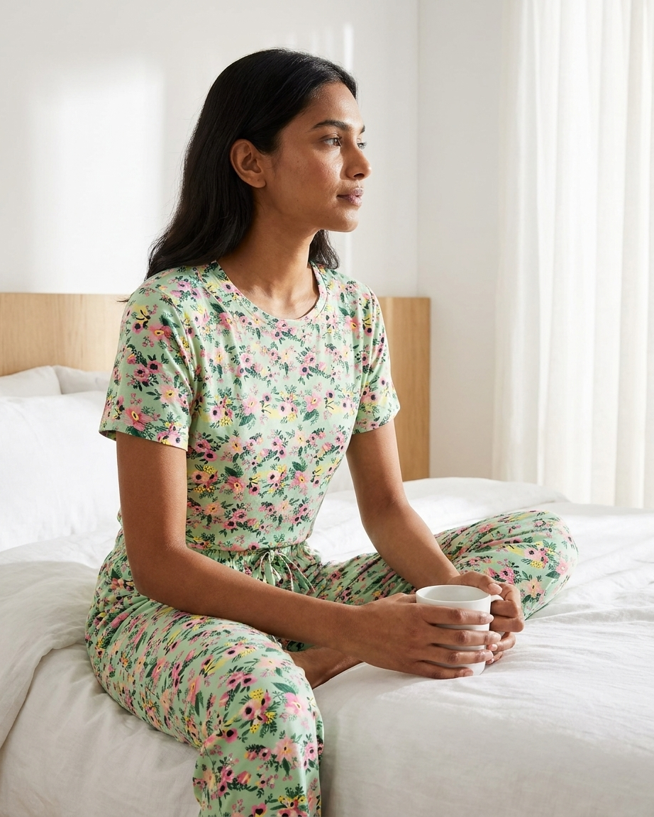 Womens Floral Print Short Sleeve Top 3/4 Pajama Set