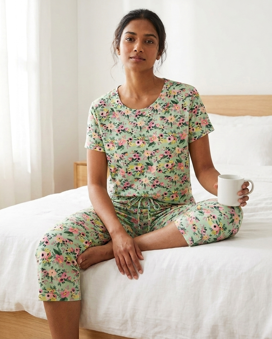 Womens Floral Print Short Sleeve Top 3/4 Pajama Set