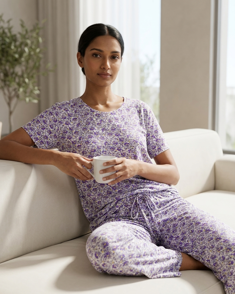 Womens Floral Print Short Sleeve Top 3/4 Pajama Set