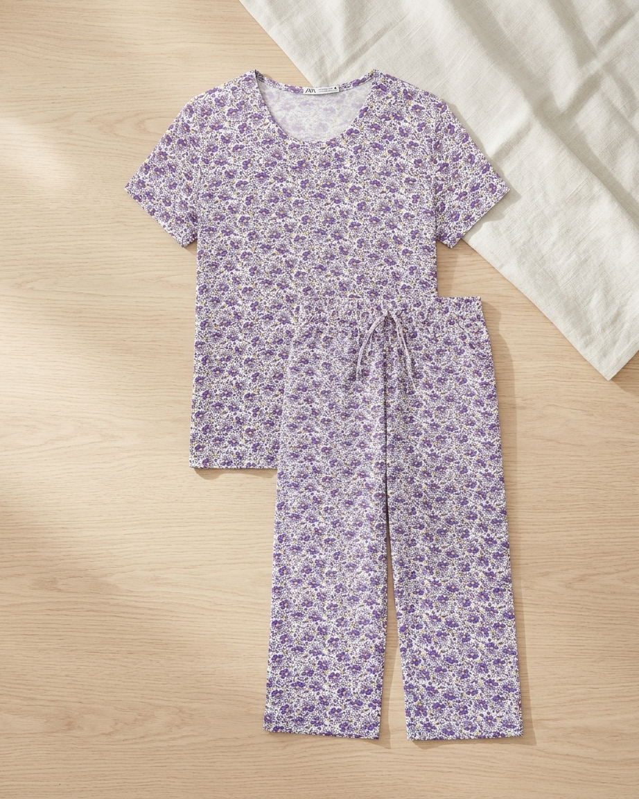 Womens Floral Print Short Sleeve Top 3/4 Pajama Set