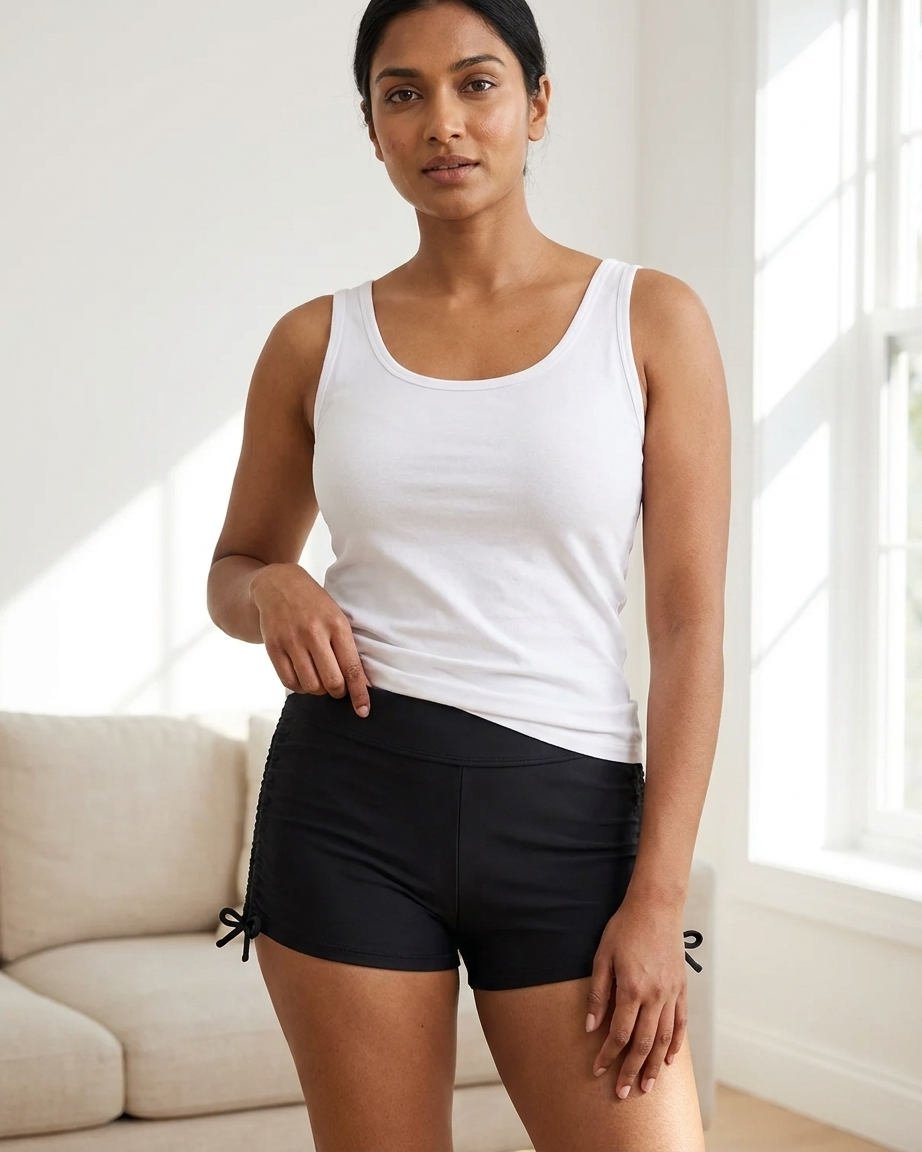 Womens Ruched Side Tie Swim Shorts