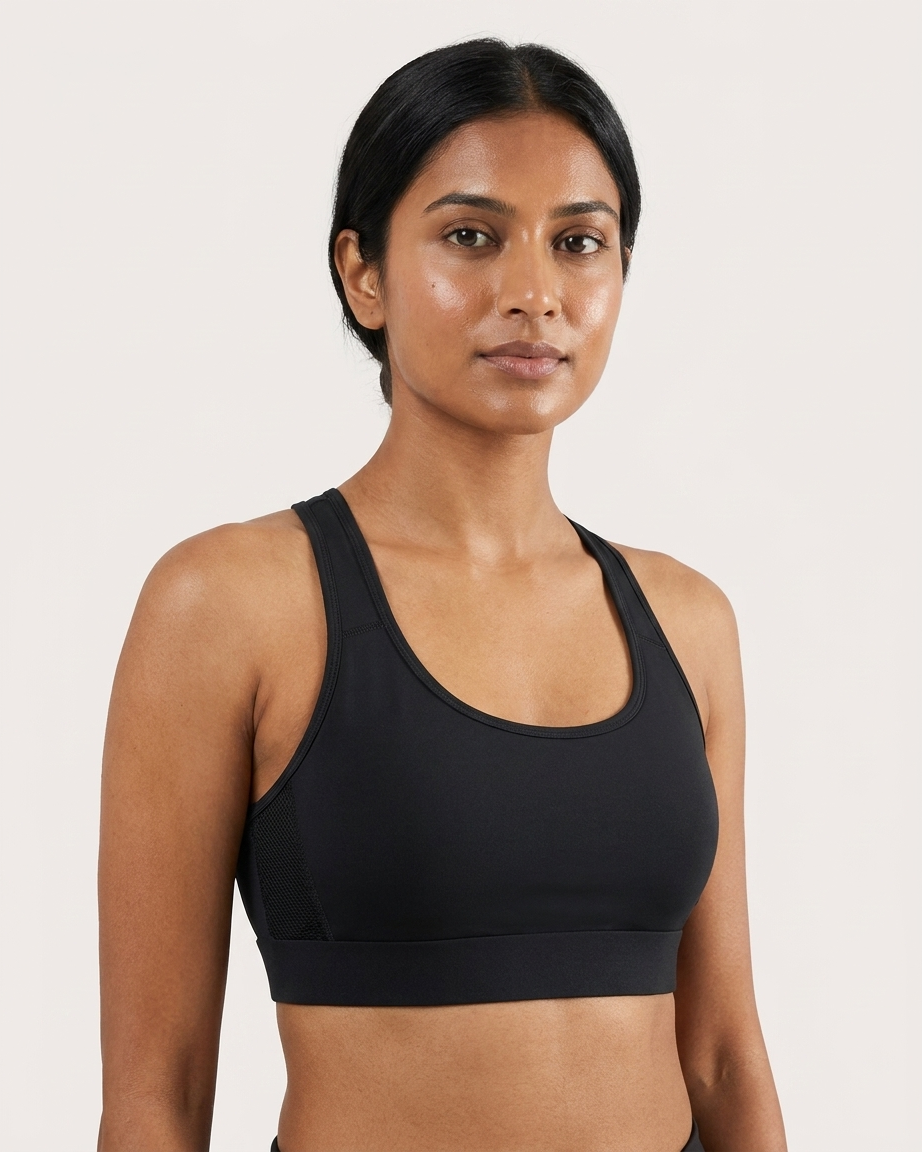 Womens Black Racerback Mesh Panels Sports Bra