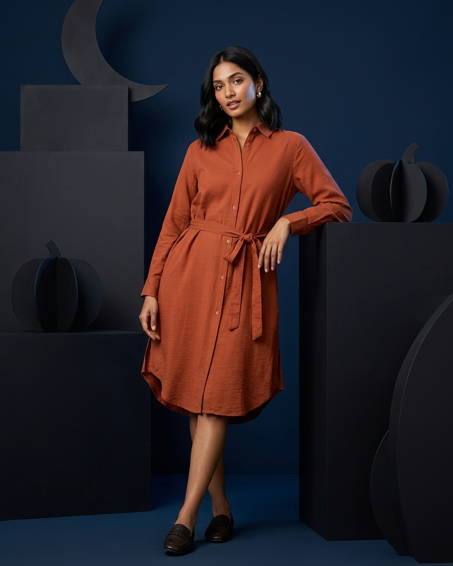 Womens Full Sleeve Solid Midi Length Shirt Dress