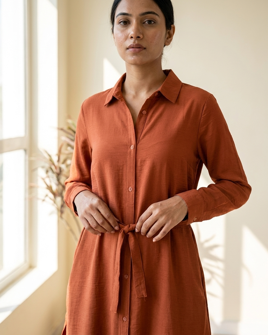 Womens Full Sleeve Solid Midi Length Shirt Dress