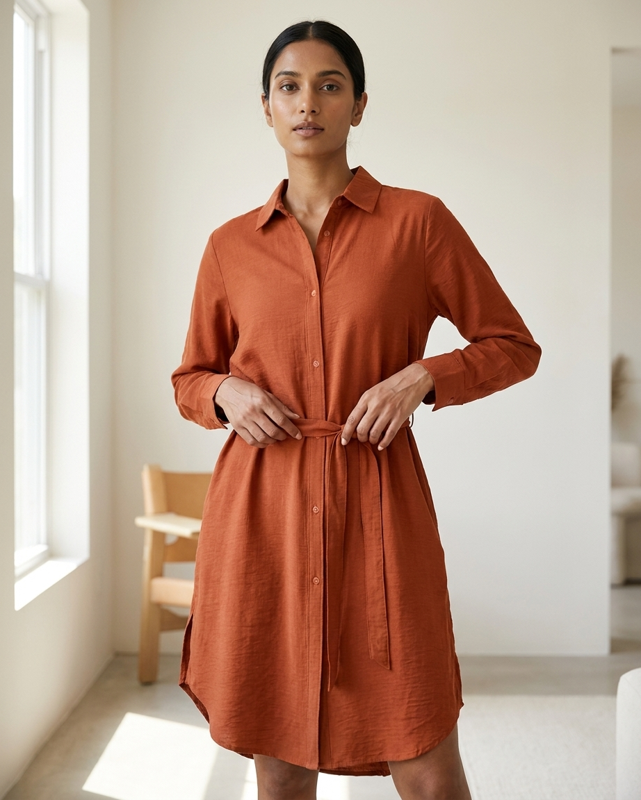 Womens Full Sleeve Solid Midi Length Shirt Dress