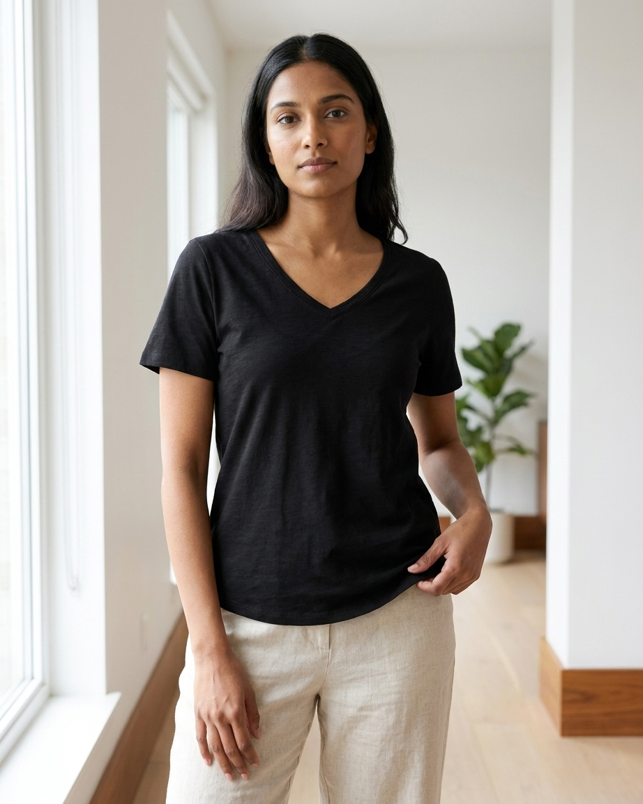 Ladies Short Sleeve V-Neck Cotton T-Shirt