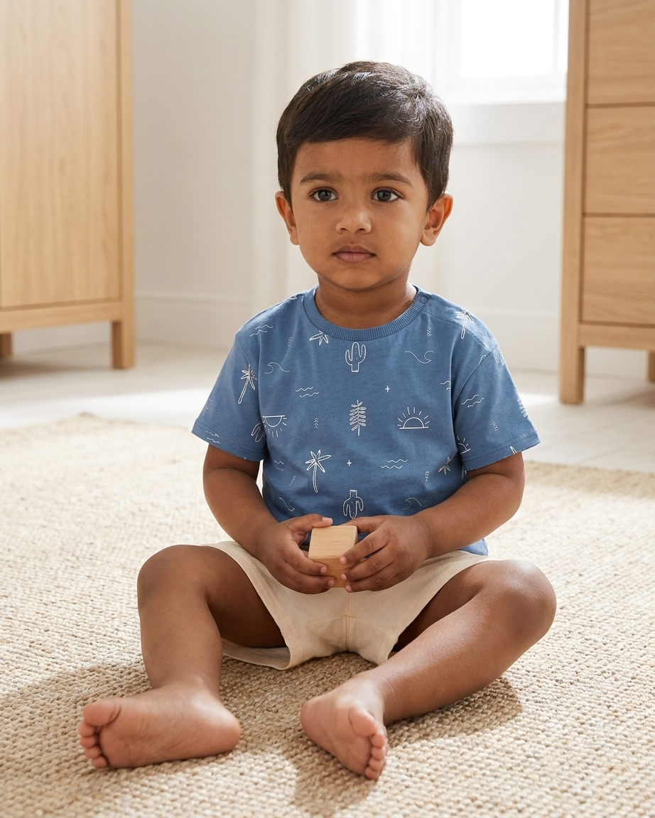 Baby Boys 2-Piece Blue Print Cotton T-Shirt & Shorts Set – With Button