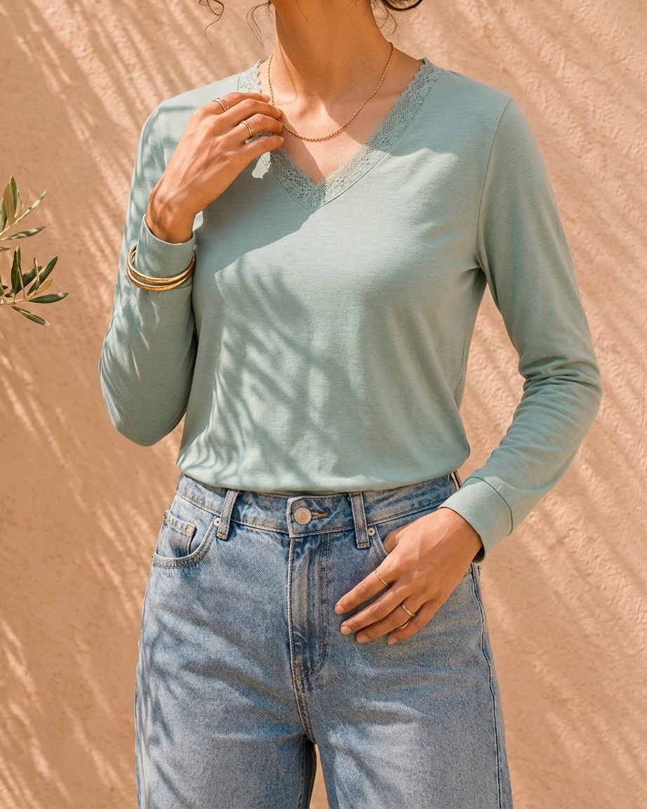 Women's Long Sleeves Cotton Lace-Trim V-Neck T-Shirt