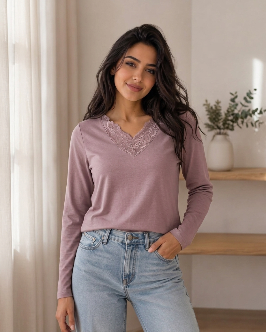 Women's Long Sleeve Cotton Blend Lace V-Neck T-Shirt