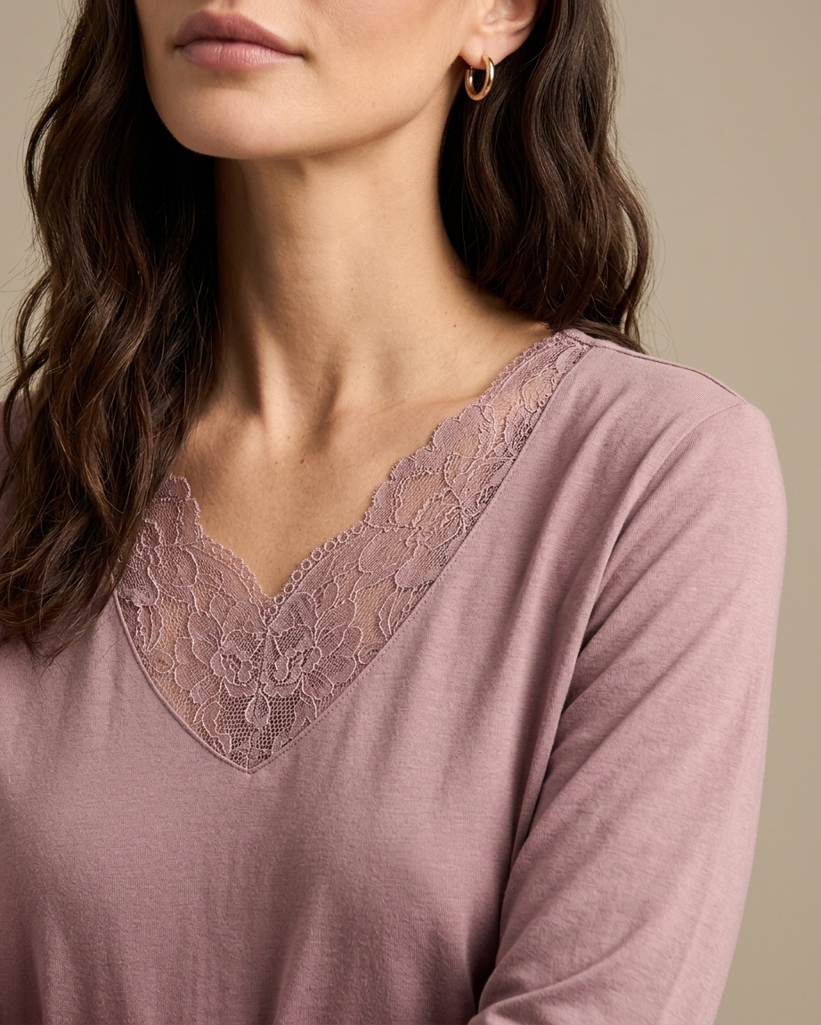 Women's Long Sleeve Cotton Blend Lace V-Neck T-Shirt