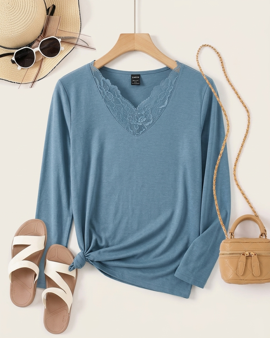 Women's Long Sleeve Cotton Blend Lace V-Neck T-Shirt