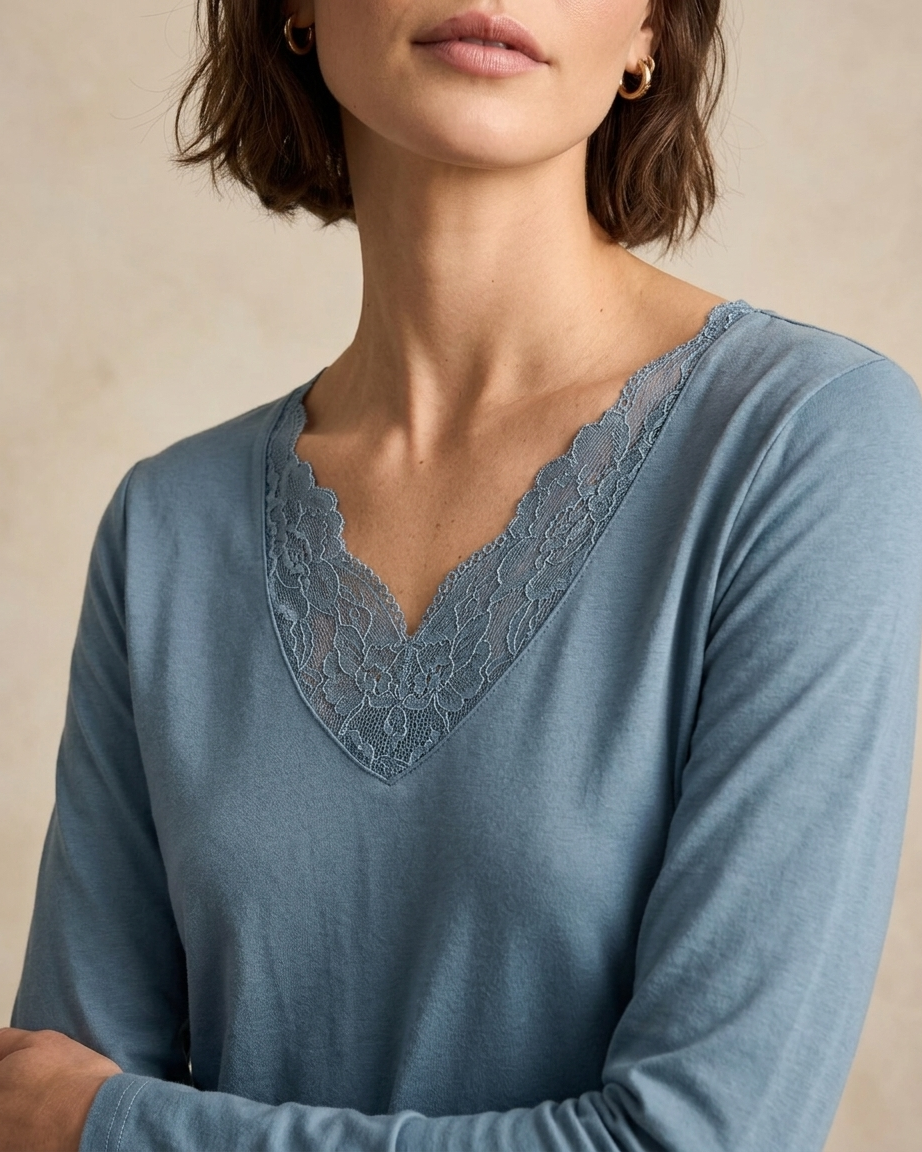 Women's Long Sleeve Cotton Blend Lace V-Neck T-Shirt
