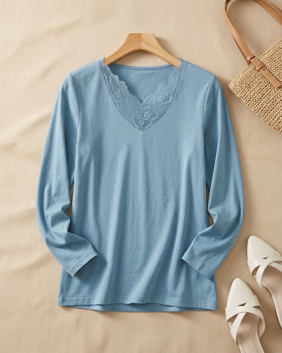 Women's Long Sleeve Cotton Blend Lace V-Neck T-Shirt