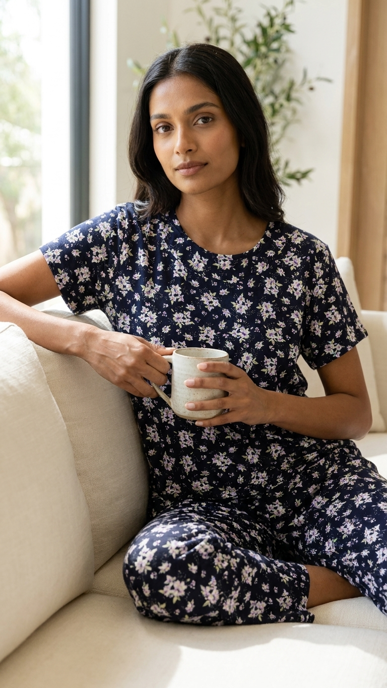 Womens Floral Print Short Sleeve Top 3/4 Pajama Set