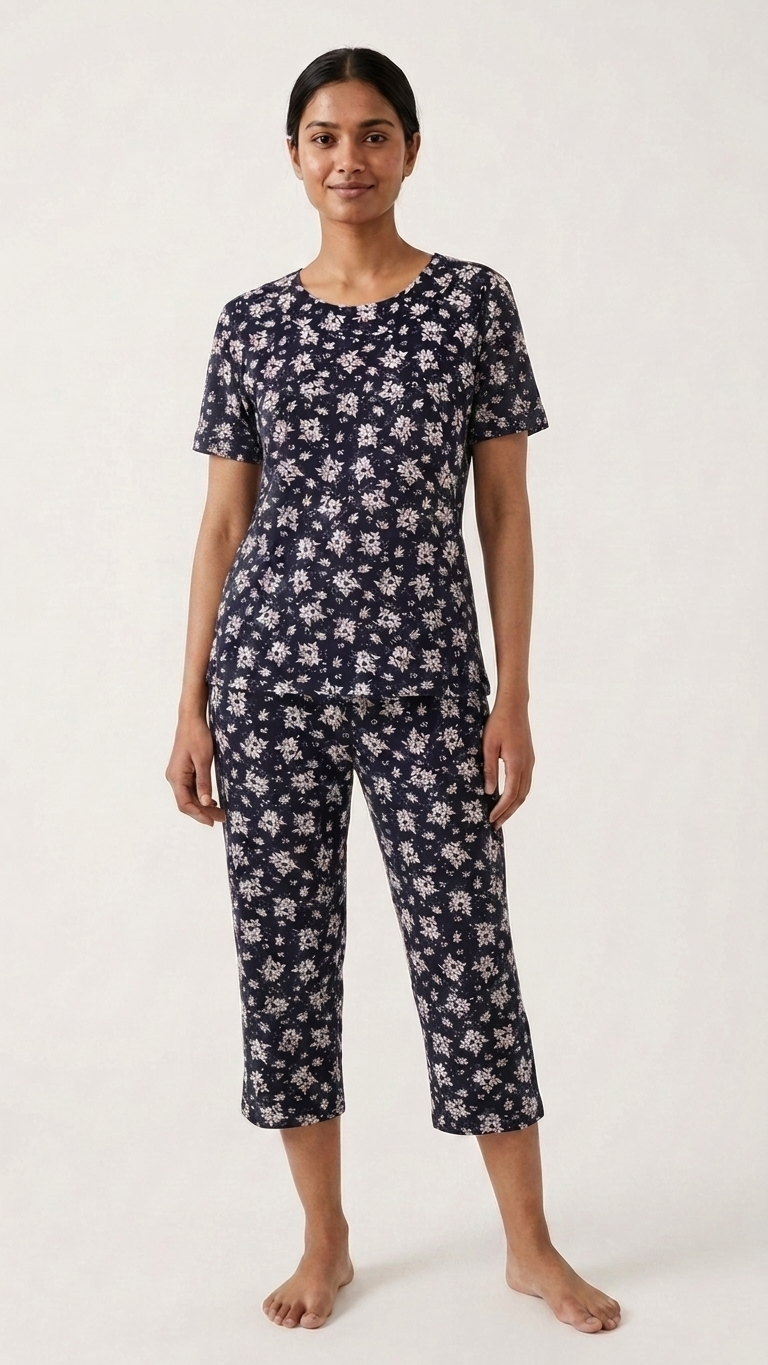 Womens Floral Print Short Sleeve Top 3/4 Pajama Set