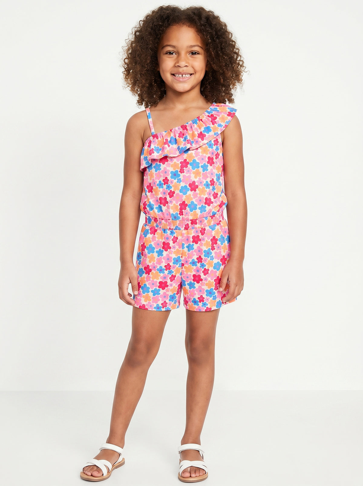 Girls Floral Printed One Shoulder Cotton Playsuit Summer Romper