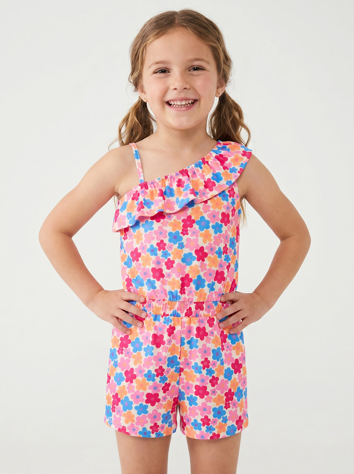 Girls Floral Printed One Shoulder Cotton Playsuit Summer Romper