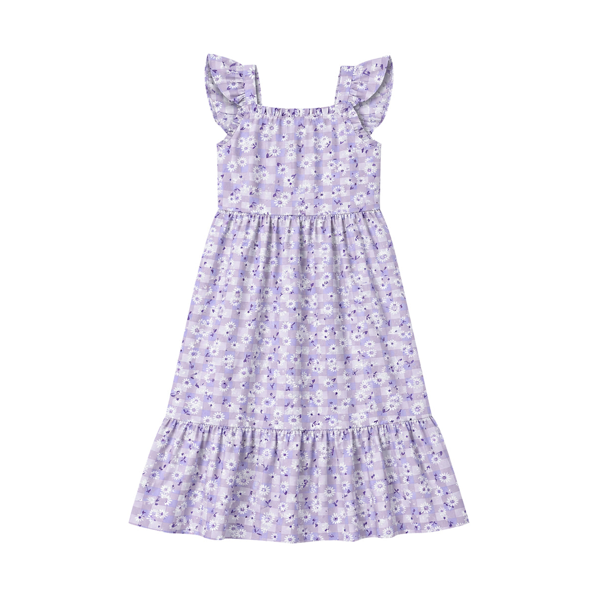 Girls Cotton Floral Print Ruffle Sleeve Tiered Summer Dress