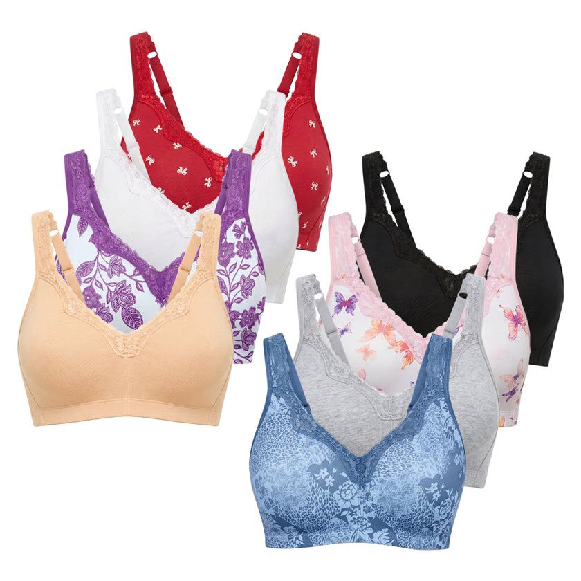 Womens Plus Size Printed & Solid Wireless Cotton Back Close Adjustable Straps Lace Bra