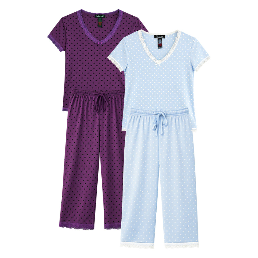 Womens Polka Dot Soft Stretch Lace Trim Sleepwear 3/4 Pajama Set