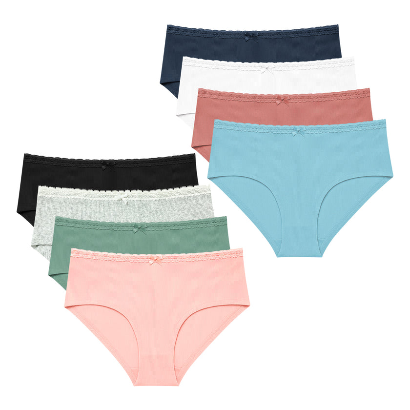 Pack of 4 Womens Ribbed Cotton Lace Waist Hipster Panty