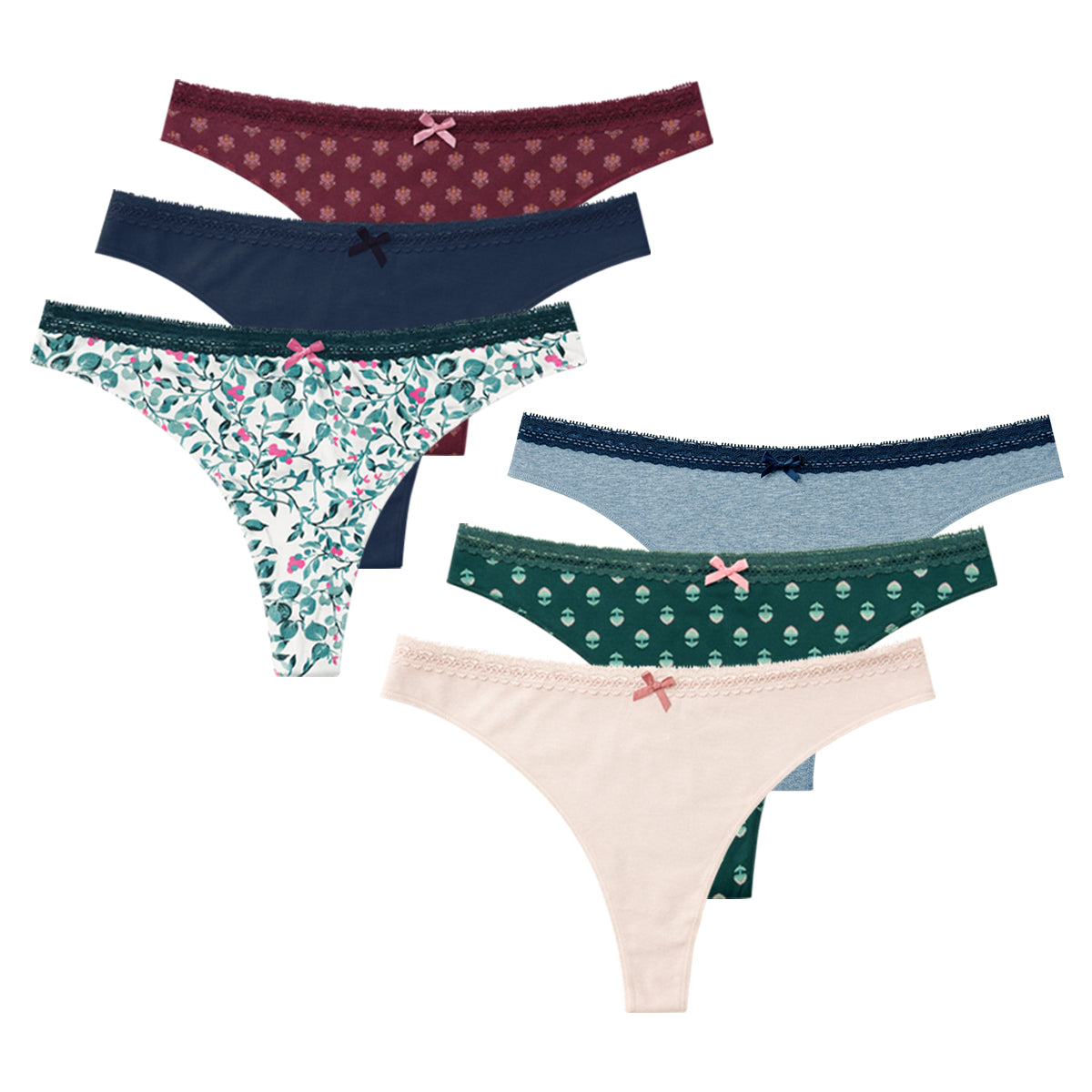 Pack of 5 Womens Soft Cotton Floral & Solid Lace Trim Thong Panty
