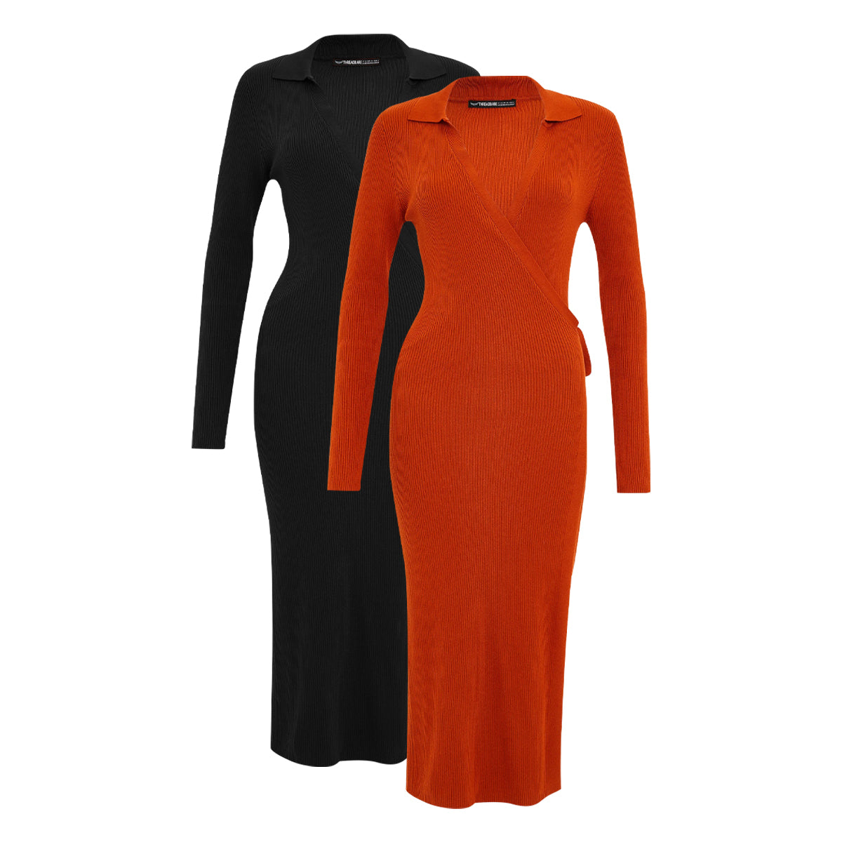 Womens Long Sleeve Ribbed Knit Wrap Collared Midi Belted Bodycon
