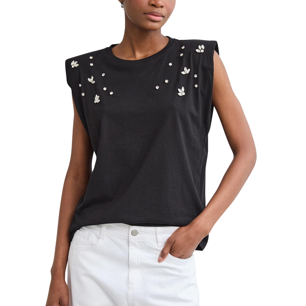 Womens Cotton Shoulder Pad Rhinestone Sleeveless Top
