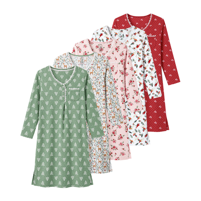 Women's Printed Long-Sleeve Lace-Trim Henley Nightgown Dress